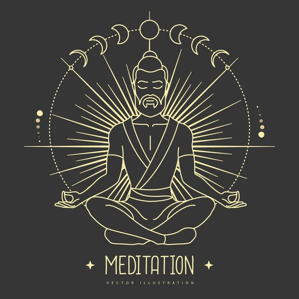 Knappe Man Meditatie Lotuspositie Stralen Van Rijzende Zon Zon Maan — Stockvector
