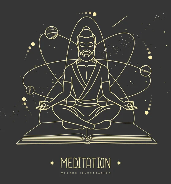 Handsome Man Meditation Lotus Position Outer Space Background Vector Illustration — Stock Vector