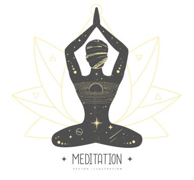 Dış uzayı, evreni, yıldızları ve gezegenleri olan meditasyon yapan bir adamın silueti. Vektör illüstrasyonu