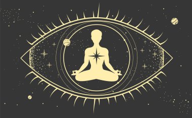 Her şeyi gören gözün içinde meditasyon yapan bir adam silueti. Modern büyü cadılığı astroloji geçmişi. Vektör illüstrasyonu