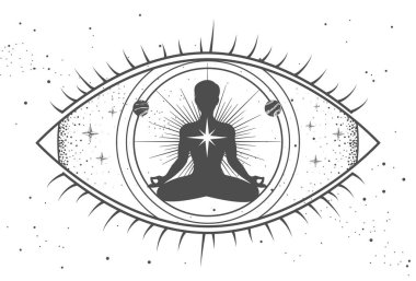 Her şeyi gören gözün içinde meditasyon yapan bir adam silueti. Modern büyü cadılığı astroloji geçmişi. Vektör illüstrasyonu