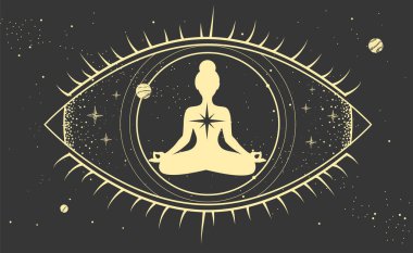 Her şeyi gören gözün içinde meditasyon yapan kadın silueti. Modern büyü cadılığı astroloji geçmişi. Vektör illüstrasyonu