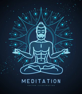 Güneş doğarken Lotus pozisyonunda meditasyon yapan yakışıklı bir adam. Güneş astrolojisi işareti. Neon işareti. Vektör illüstrasyonu