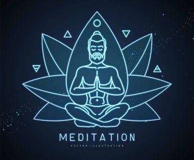 Dört elementle birlikte Lotus pozisyonunda meditasyon yapan yakışıklı bir adam. Eter. Lotus çiçeği işareti. Vektör illüstrasyonu