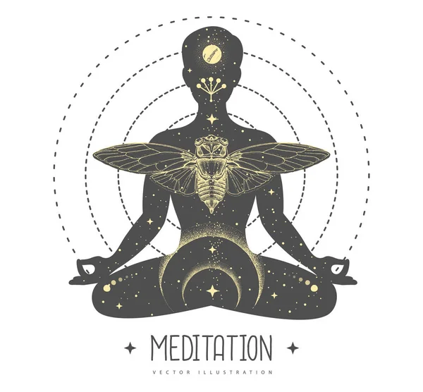 Egy Meditáló Ember Sziluettje Benne Világűrrel Világegyetemmel Csillagokkal Nappal Holddal — Stock Vector
