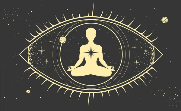 Meditující Mužská Silueta Uvnitř Vševidoucího Oka Moderní Magie Čarodějnictví Astrologie — Stockový vektor