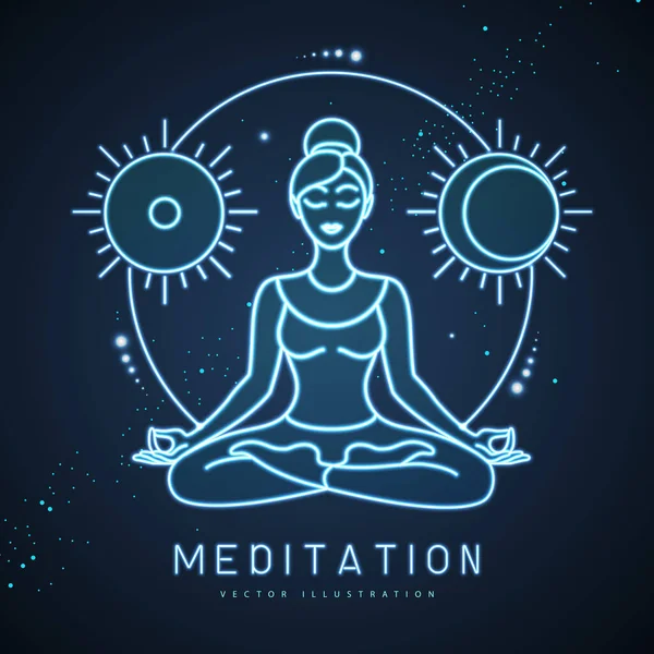 Méditation Femme Position Lotus Avec Astrologie Soleil Signe Lune Néon — Image vectorielle
