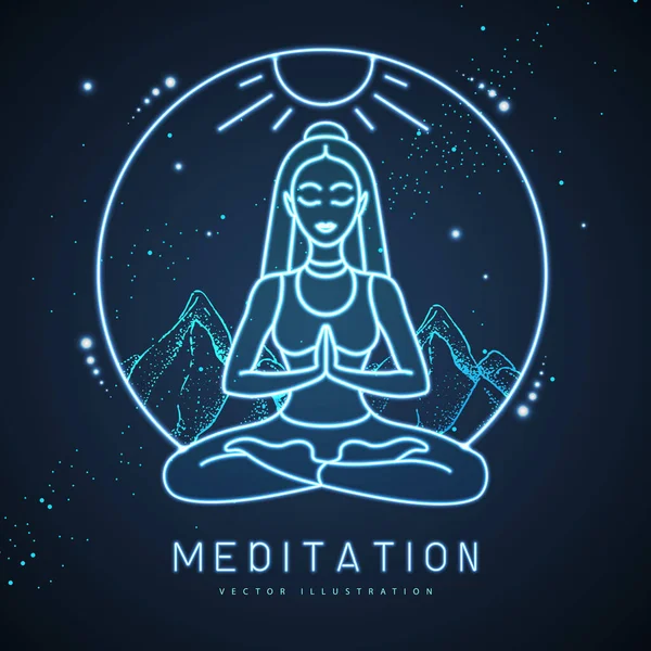 Jonge Vrouw Meditatie Lotuspositie Bergen Met Sterrenhemel Neon Teken Vectorillustratie — Stockvector
