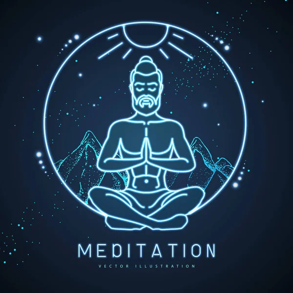 Knappe Man Meditatie Lotuspositie Bergen Met Sterrenhemel Neon Teken Vectorillustratie — Stockvector