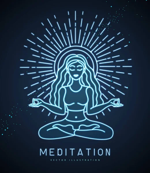Young Woman Meditation Lotusposition Bei Vollmond Astrologie Des Mondes Leuchtschrift — Stockvektor