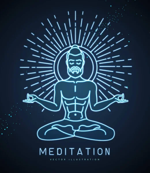 Knappe Man Meditatie Lotuspositie Bij Zonsopgang Zon Astrologie Teken Neon — Stockvector