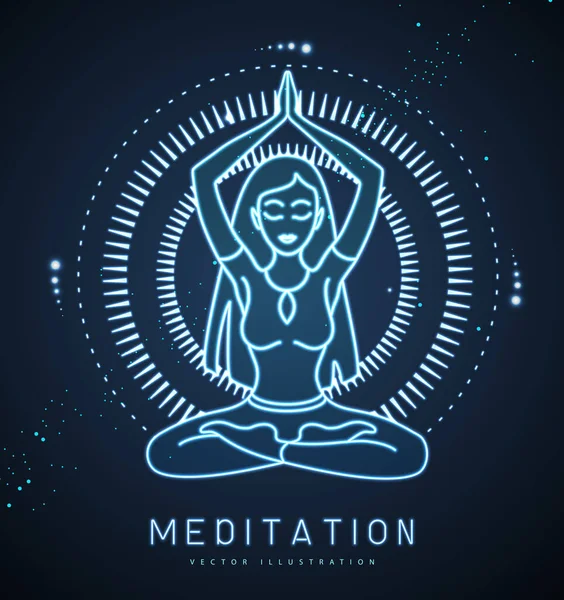 Ung Kvinna Meditation Lotus Position Den Uppgående Solens Strålar Solastrologi — Stock vektor
