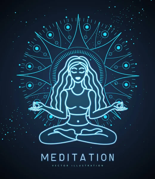 Genç Kadın Şafakta Lotus Pozisyonunda Meditasyon Yapıyor Güneş Astrolojisi Işareti — Stok Vektör