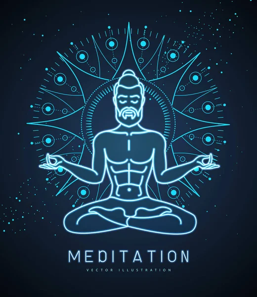 Belle Méditation Homme Position Lotus Aube Soleil Signe Astrologique Solaire — Image vectorielle