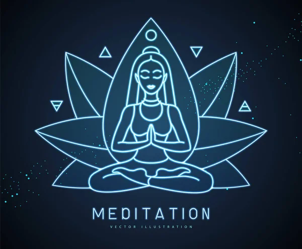 Young Woman Meditation Lotusposition Mit Vier Elementen Und Äther Leuchtschrift — Stockvektor