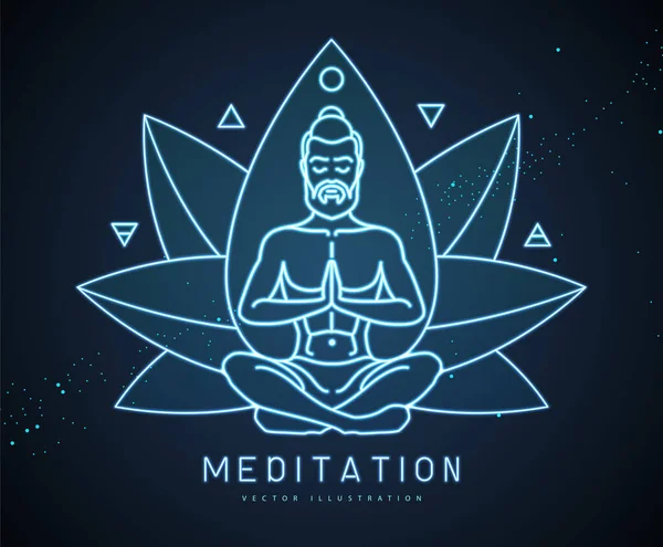 Néon Belle Méditation Homme Position Lotus Avec Quatre Éléments Éther — Image vectorielle