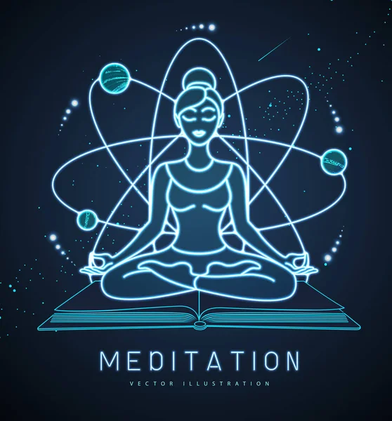 Neon Junge Frau Meditation Lotusposition Auf Dem Hintergrund Des Weltraums — Stockvektor
