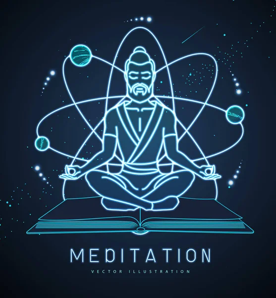 Neon Knappe Man Meditatie Lotuspositie Achtergrond Van Ruimte Vectorillustratie — Stockvector