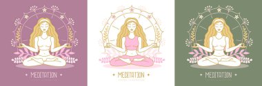 Mandala çiçekli nilüfer çiçeği pozisyonunda kadın meditasyonu. Vektör illüstrasyonu