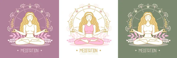 Meditação Mulher Posição Lótus Com Mandala Elementos Florais Ilustração Vetorial — Vetor de Stock