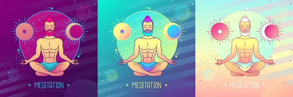 Conjunto Homens Coloridos Meditação Posição Lótus Com Astrologia Sol Lua — Vetor de Stock