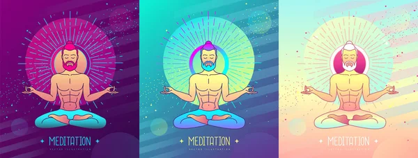 Conjunto Homens Coloridos Meditação Posição Lótus Amanhecer Sol Sinal Astrologia — Vetor de Stock