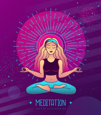 Genç kadın şafakta lotus pozisyonunda meditasyon yapıyor. Güneş astrolojisi işareti. Vektör illüstrasyonu