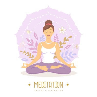 Nilüfer çiçekli ve mandalalı kadın meditasyonu. Vektör illüstrasyonu