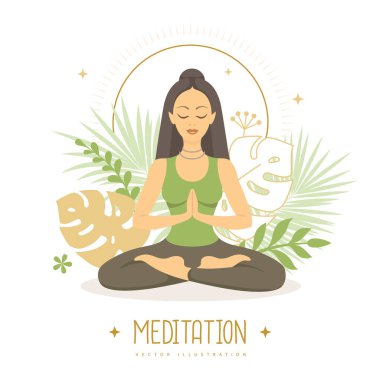 Nilüfer çiçekli kadın meditasyonu. Vektör illüstrasyonu