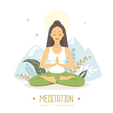 Çiçekli elementler ve dağlarla Nilüfer pozisyonunda meditasyon. Vektör illüstrasyonu