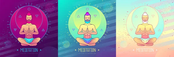 Ensemble Méditation Hommes Colorés Position Lotus Dans Les Rayons Soleil — Image vectorielle