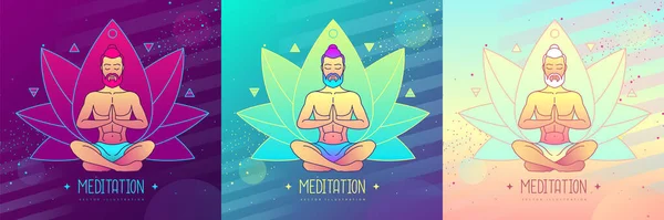 Uppsättning Färgglada Män Meditation Lotusposition Med Fyra Element Ether Lotusblomma — Stock vektor
