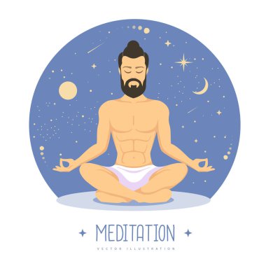 Uzay geçmişi olan yakışıklı bir adam meditasyonu. Büyücülük astroloji geçmişi. Vektör illüstrasyonu