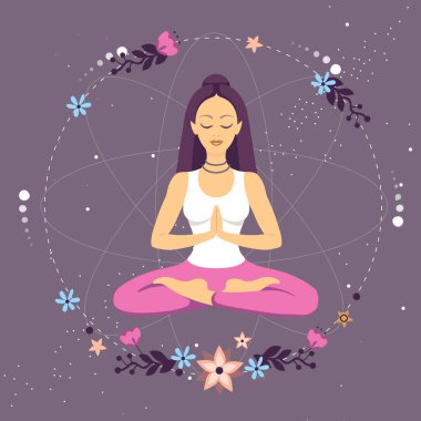 Kadın meditasyonu dış uzayda çiçek elementleriyle lotus pozisyonunda. Vektör illüstrasyonu