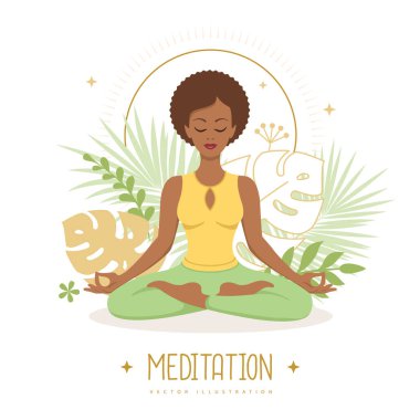 Nilüfer çiçekli kadın meditasyonu. Vektör illüstrasyonu