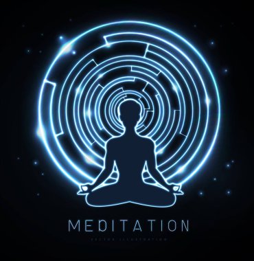 Mavi neon meditasyon yapan insan silueti. Dış uzay arka planında labirent var. Vektör illüstrasyonu
