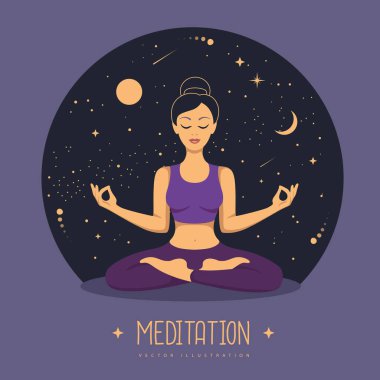 Dış uzay geçmişi olan kadın meditasyonu. Büyücülük astroloji geçmişi. Vektör illüstrasyonu