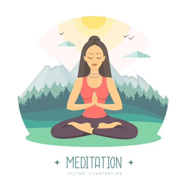 Nilüfer Pozisyonunda Meditasyon Yapan Genç Bir Kadın Güzel Dağ Manzarasında — Stok Vektör