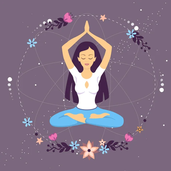 Woman Meditation Lotus Position Floral Elements Outer Space Vector Illustration — Stock Vector