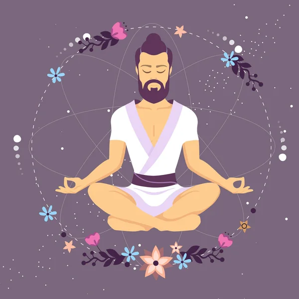 stock vector Handsome man meditation in lotus position with floral elements in outer space. Vector illustration