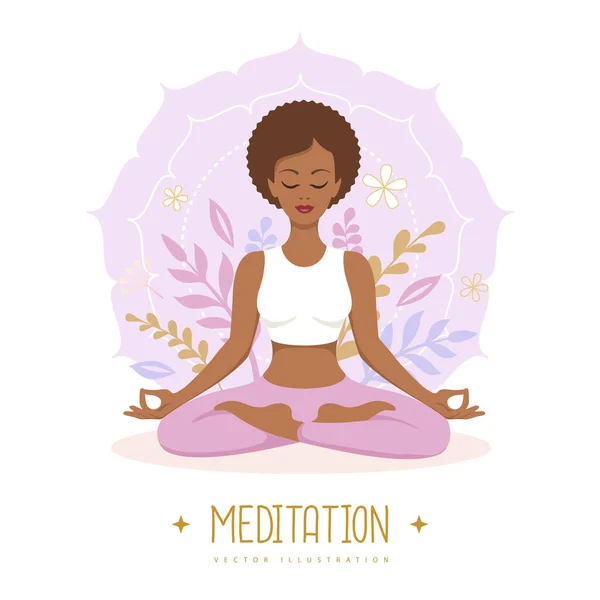 Meditazione Femminile Posizione Loto Con Elementi Floreali Mandala Illustrazione Vettoriale — Vettoriale Stock