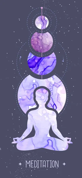 Meditierende Menschensilhouette Auf Dem Hintergrund Des Weltraums Tintenvektorillustration Für Alkohol — Stockvektor