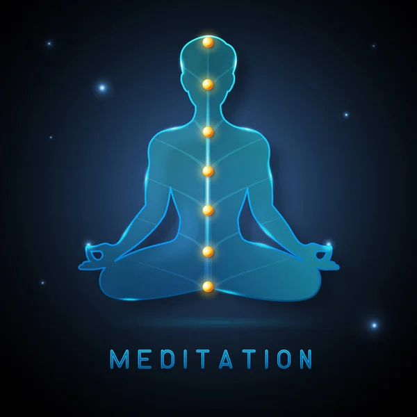 Blue Neon Meditating Man Silhouette Open Chakras Outer Space Background — Stock Vector