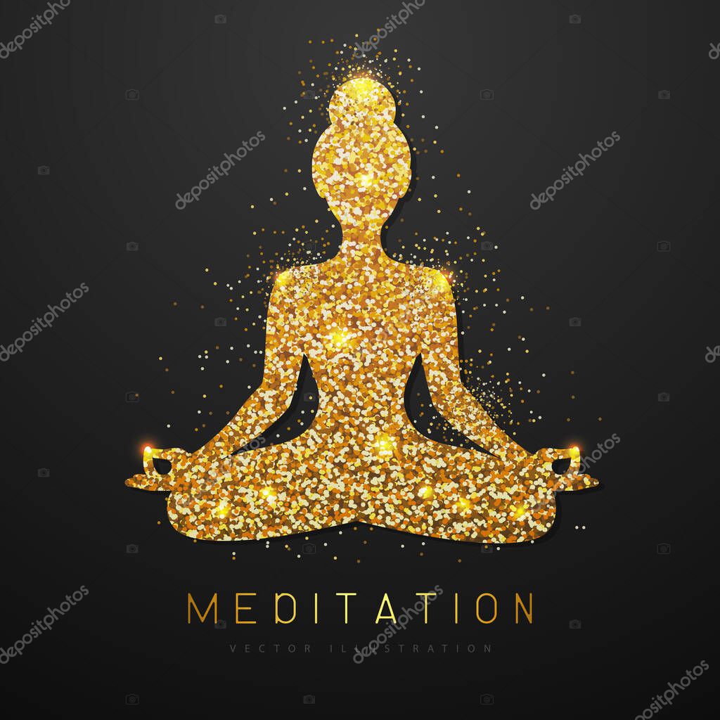 Golden sparkle meditating woman silhouette on black background. Vector illustration