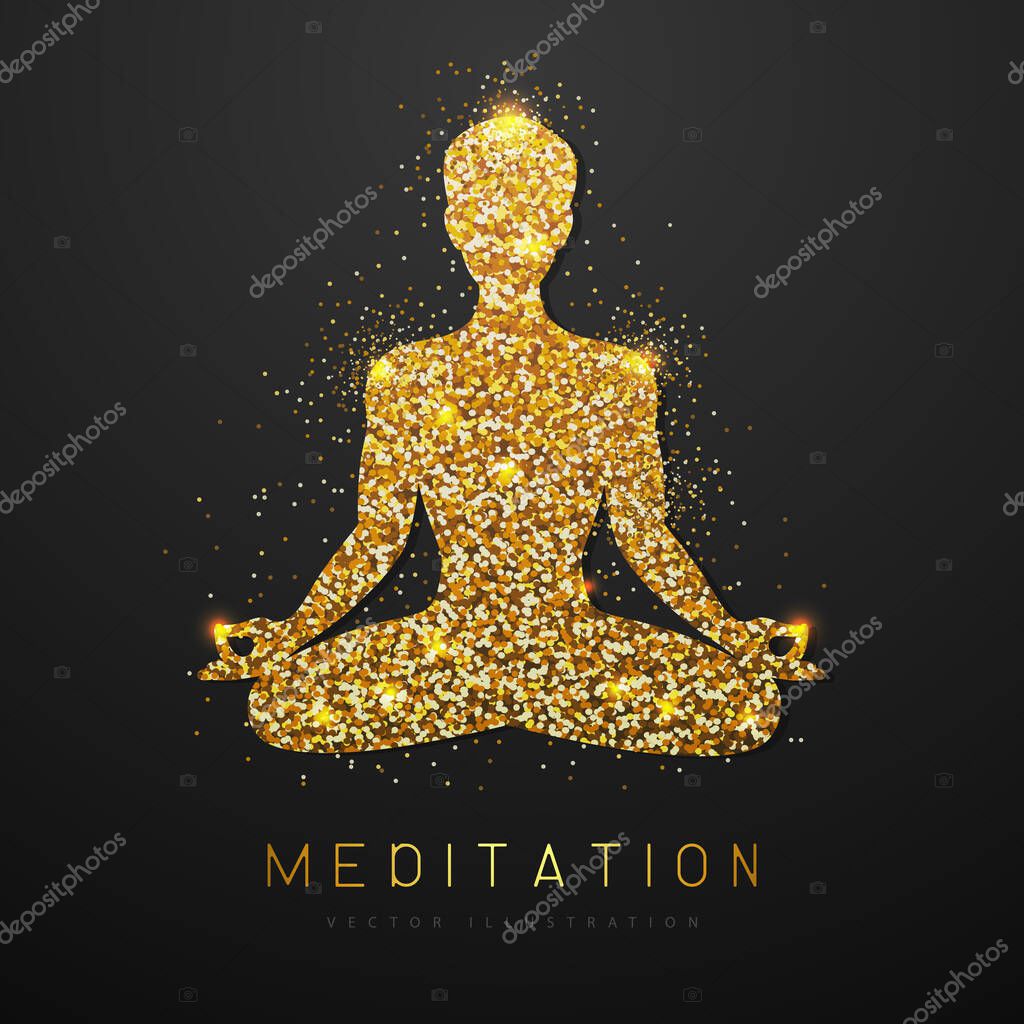 Golden sparkle meditating man silhouette on black background. Vector illustration