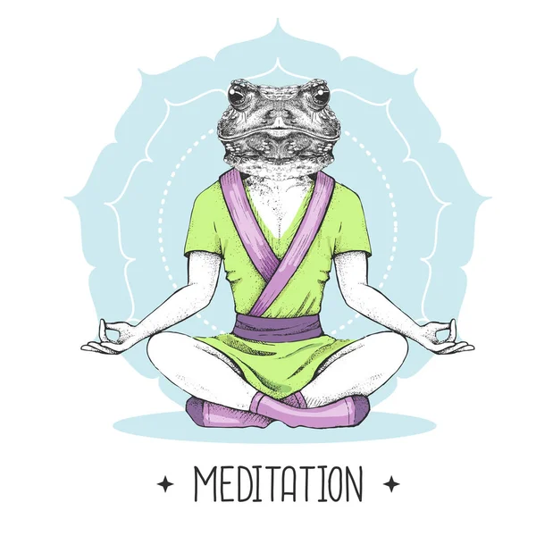 Handzeichnung Hipster Tierfrosch Meditiert Lotusposition Auf Mandala Hintergrund Vektorillustration — Stockvektor