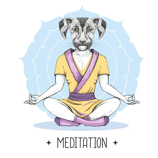 Hand Drawing Hipster Animal Dog Meditating Lotus Position Mandala Background — Stock Vector