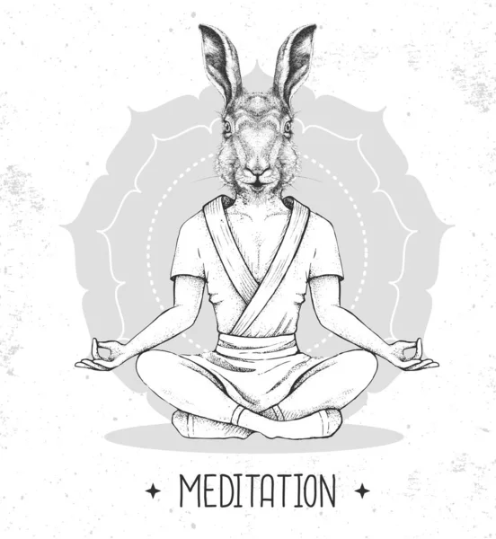 Hand Drawing Hipster Animal Rabbit Meditating Lotus Position Mandala Background — Stock Vector