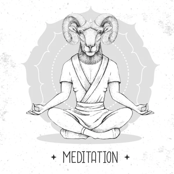 Hand Drawing Hipster Animal Ram Mouflon Meditating Lotus Position Mandala — Stock Vector