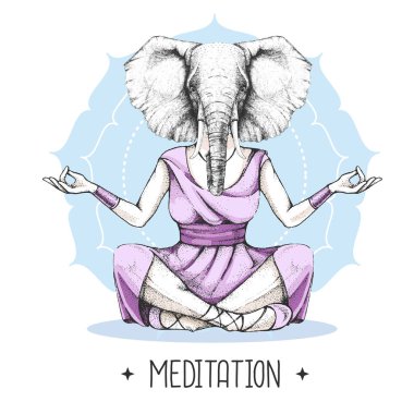El çizimi hipster hayvan fili mandala arka planında lotus pozisyonunda meditasyon yapıyor. Vektör illüstrasyonu